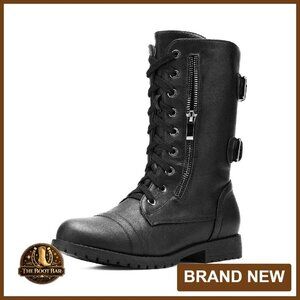 Women's Mid Calf Combat Boots with Built-in Wallet Pocket & Side Zipper